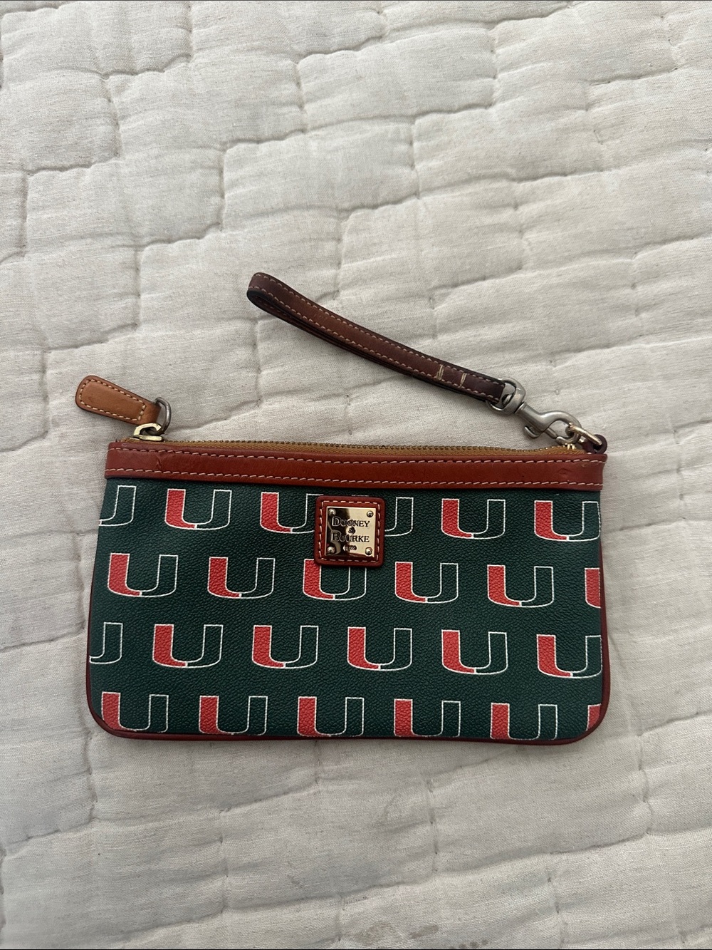 Dooney & Bourke Green and Orange Logo Wristlet with Brown Trim